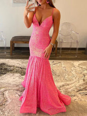 Mermaid Orange V Neck Sequins Prom Dress