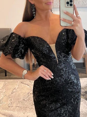 Black Off The Shoulder Sequins Long Mermaid Prom Dress