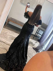 Black Off The Shoulder Sequins Long Mermaid Prom Dress
