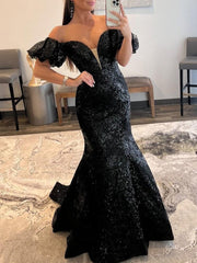 Black Off The Shoulder Sequins Long Mermaid Prom Dress