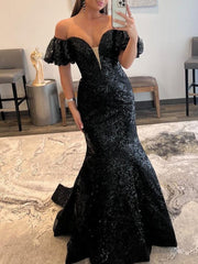 Black Off The Shoulder Sequins Long Mermaid Prom Dress
