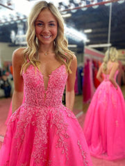 V Neck Pink A Line Lace Long Prom Dress