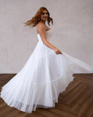 A Line V Neck Chiffon Long Wedding Dresses with Sweep Train