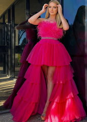 A-line High-Low Strapless Ruffled Tulle Prom Dress with Feathers
