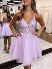 A-Line Backless Tulle Appliqued Homecoming Dress