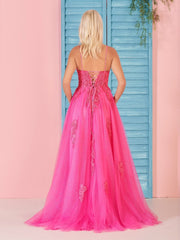 A Line V Neck Pink Lace Long Prom Dress