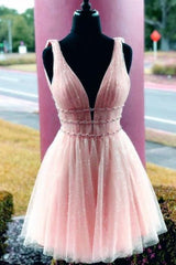 A Line Tulle V Neck Homecoming Dress With Beading