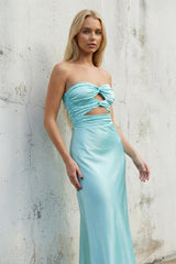 Strapless Aqua Blue Sheath Long Prom Dresses