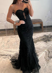 Black Sweetheart Lace Appliques Mermaid Long Prom Dresses