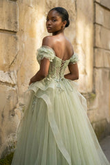 Green Tulle Lace Long Prom Dress with Corset, Green Formal Party Dress