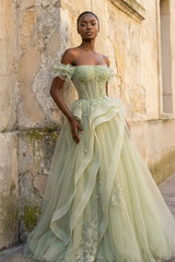 Green Tulle Lace Long Prom Dress with Corset, Green Formal Party Dress