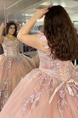 Quinceanera Dress Glitter Pink 3D Floral Lace Off-the-Shoulder