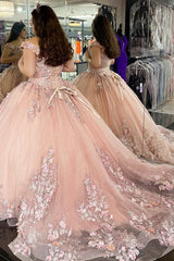 Quinceanera Dress Glitter Pink 3D Floral Lace Off-the-Shoulder