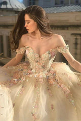Off Shoulder Long Champagne Lace Champagne Quinceanera Dresses