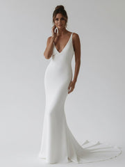 Elegant Mermaid V-Neck Elastic Satin Long Wedding Dresses