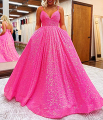 A-line V Neck Sequins Long Prom Dress