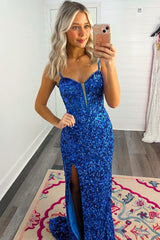Mermaid Spaghetti Straps Blue Sequins Long Prom Dresses with Slit