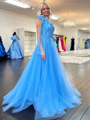 Cute A Line One Shoulder Blue Tulle Prom Dress with Appliques