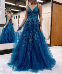A Line Ink Blue Glitter Tulle Lace Prom Dress