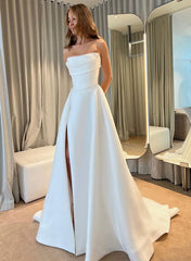 Ball-Gown Strapless Sleeveless Sweep Train Satin Wedding Dresses With Split Front