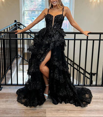 Straps Fuchsia Sequin Layered Formal Dress with Slit