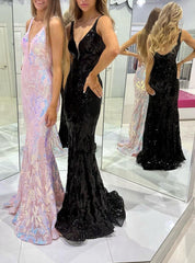 Mermaid V Neck Sequined Lace Long Prom Dress