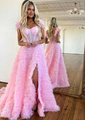 A Line Sweetheart Tiered Tulle Long Prom Dress With Slit