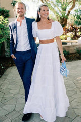 A Line Two Piece Square Neck Satin Long Wedding Dresses