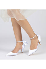 Pointed Toe Ribbons Faux Pearl Pumps