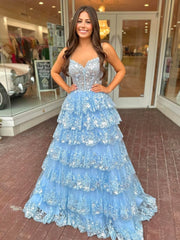A Line Spaghetti Straps Tiered Lace Prom Dress