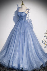 Blue Tulle Long A-Line Prom Dress Blue Spaghetti Straps Party Dress with Bow