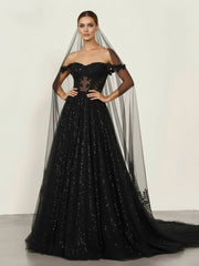A-Line Black Gothic Wedding Dresses with Sequin Lace Appliques