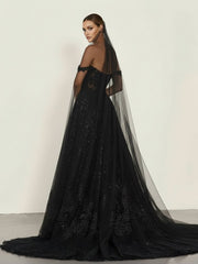 A-Line Black Gothic Wedding Dresses with Sequin Lace Appliques