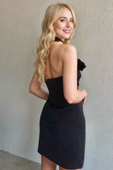 Black Halter Rosette Fitted Mini Homecoming Dress
