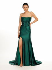 Dark Green Strapless Sheath Satin Long Prom Dress With Split