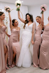 Dusty Pink Strapless Cowl Neck Long Bridesmaid Dress with Slit