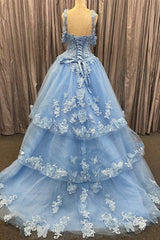 Blue Tulle Sweetheart Multi-Layer with 3D Floral Lace Quinceanera Dress