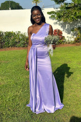 One Shoulder Lavender Sheath Long Bridesmaid Dress