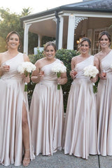 Light Pink One Shoulder A-line Satin Long Bridesmaid Dress with Slit