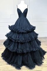 A-line V-Neck Tulle Prom Dress with Tiered Ruffles