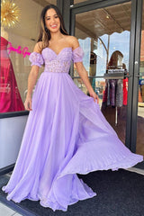 A line Sweetheart Chiffon Prom Dress with Puff Sleeves