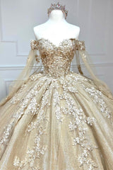 Glamorous Gold Off the Shoulder Glitter Tulle Quinceanera Dress