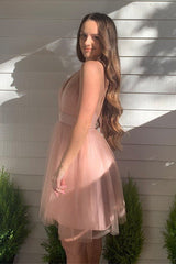 A-line Blush Deep V-Neck Tulle Homecoming Dress