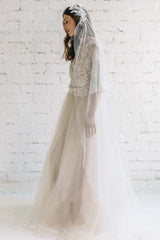 Bateau Lace Half Sleeve A-Line Tulle Dress With Low-V Back