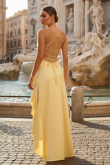 Yellow - Spaghetti Straps Sheath Satin High Low Prom Dresses With Ruffles