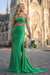 Green - One Shoulder Sheath Lace Appliqued Prom Dresses With Cutout