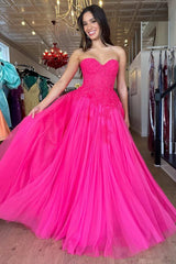 A-Line Hot Pink Tulle Lace StraplessLong Prom Dress