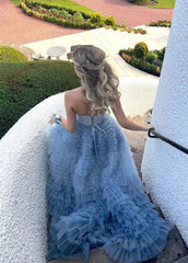 A Line Sweetheart Tiered Ruffled Tulle Long Prom Dress