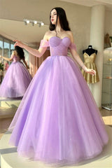 Lilac Off-the-Shoulder Lace-Up Tulle Long Prom Dress