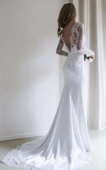 Bateau Lace Long Sleeve Sheath Chiffon Wedding Dress With Sweep Train